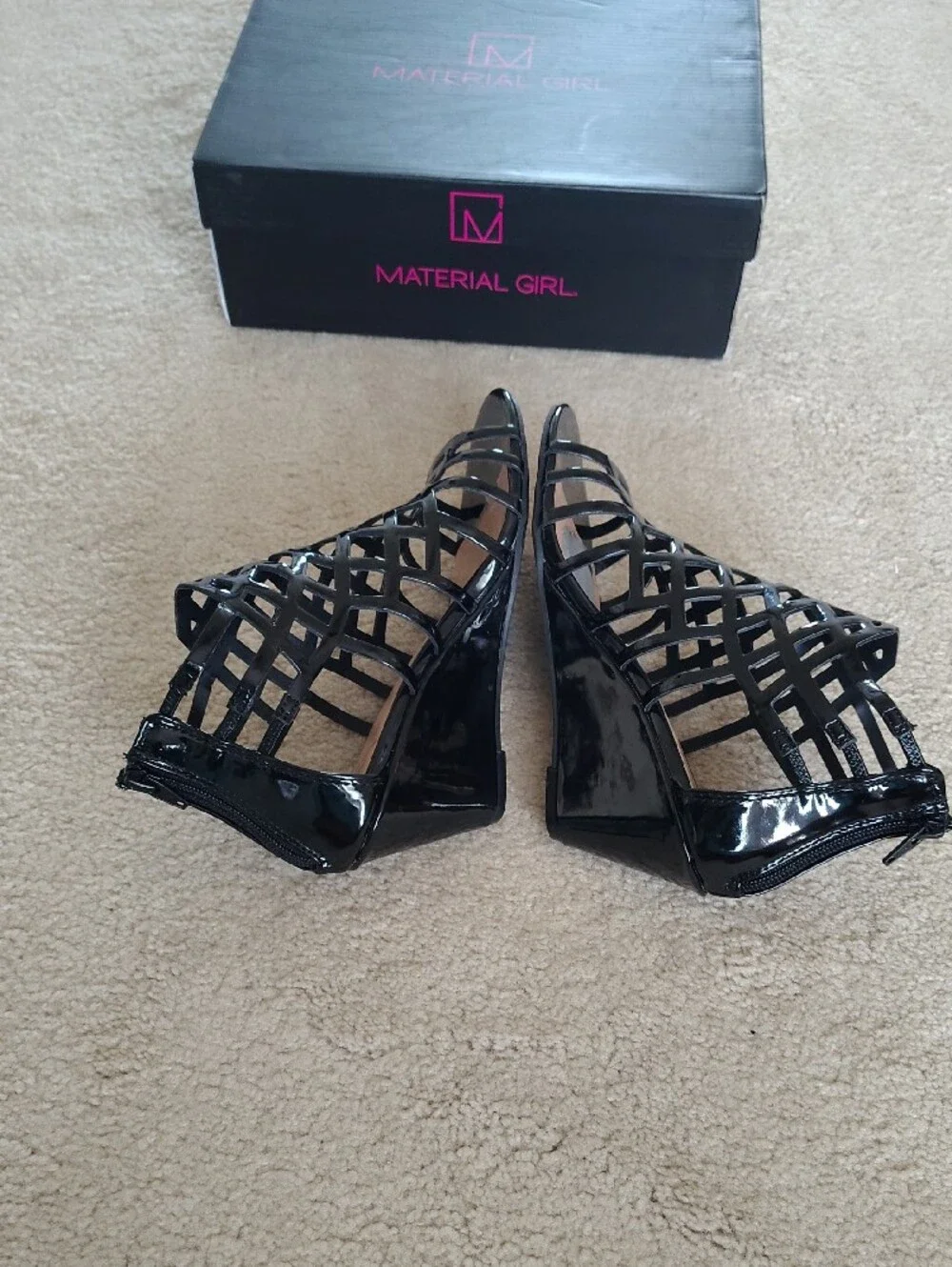 Material Girl Black Patent Lattice Peep-Toe Cage Heels